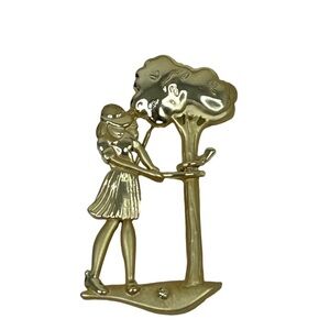 Vintage  Woman Golfing Brooch 2 1/4" Glossy Gold Tone Signed AJC